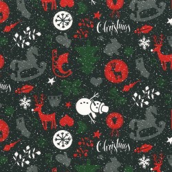 Inpakpapier Feestdagen - Dieren en kerstbomen - Mulitkleur op zwart (Nr. 90113) - Close-up