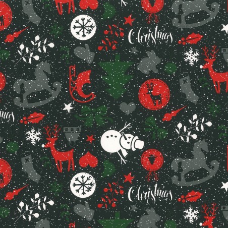 Inpakpapier Feestdagen - Dieren en kerstbomen - Multikleur op zwart (Nr. 90113)