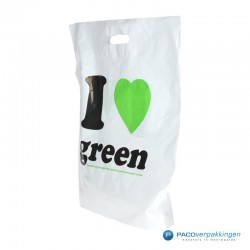 Plastic draagtassen - I LOVE GREEN - Wit - Zijkant Vooraanzicht
