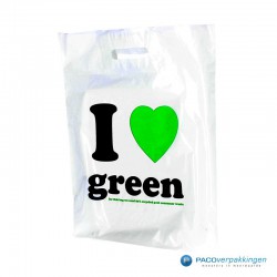 Plastic draagtassen - I LOVE GREEN - Wit - Zijkant Vooraanzicht