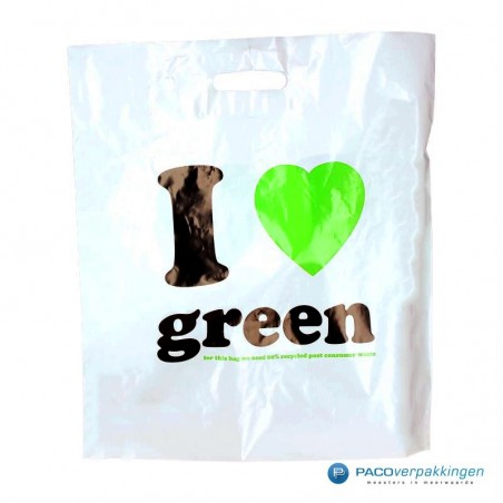 Plastic draagtassen - I LOVE GREEN - Wit