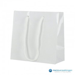 Papieren draagtassen - Wit Glans - Luxe - Katoenen koord - Zijaanzicht voor