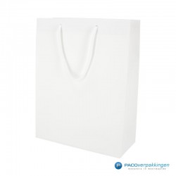 Papieren draagtassen - Wit Mat - Luxe - Katoenen koord - Zijaanzicht voor