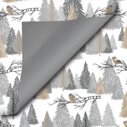 Inpakpapier Feestdagen - Vogels en kerstbomen - Zilver, goud en zwart op wit (Nr. 90196) - Close-up