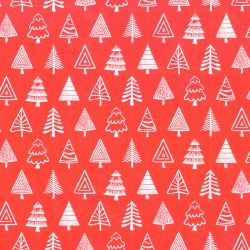 Inpakpapier Feestdagen -Kerstbomen - Wit op rood (Nr. 089) - Close-up