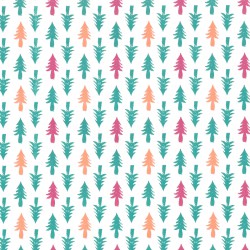 Inpakpapier Feestdagen - Kerstbomen - Groen, roze en oranje op wit (Nr. 086) - Close-up
