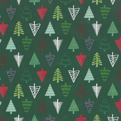 Inpakpapier Feestdagen - Kerstbomen - Multikleur op donker groen (Nr. 083) - Close-up