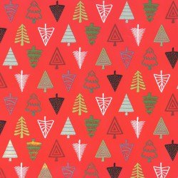 Inpakpapier Feestdagen - Kerstbomen - Multikleur op rood (Nr. 082) - Close-up