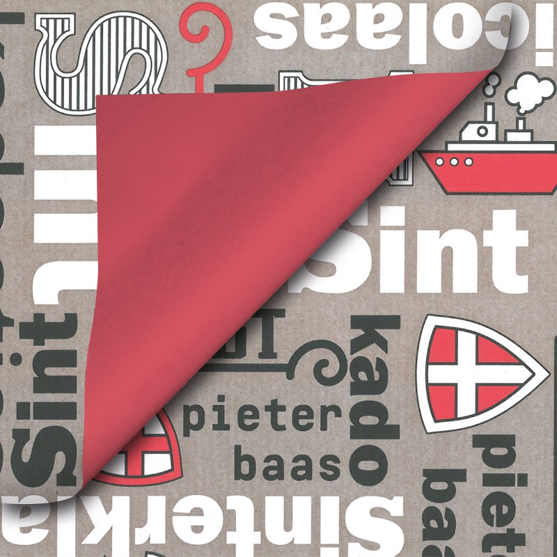 Giet Complex Opiaat Inpakpapier Sinterklaas - Zwart, wit en rood op bruin (Nr. 014) - 30 cm |  Paco Verpakkingen