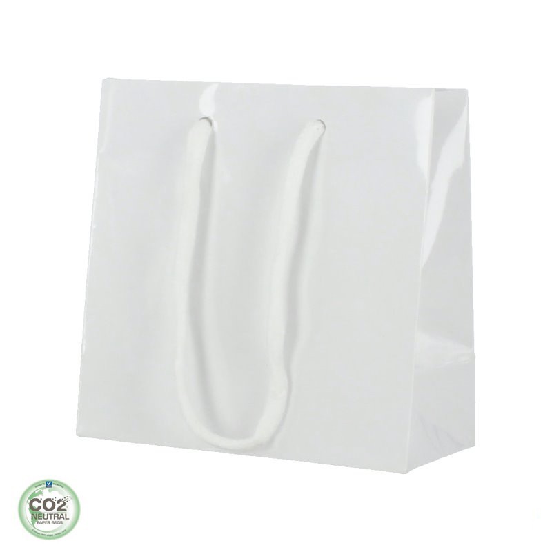 Papieren draagtassen - Wit Glans - Luxe - Katoenen koord - Zijaanzicht voorkant