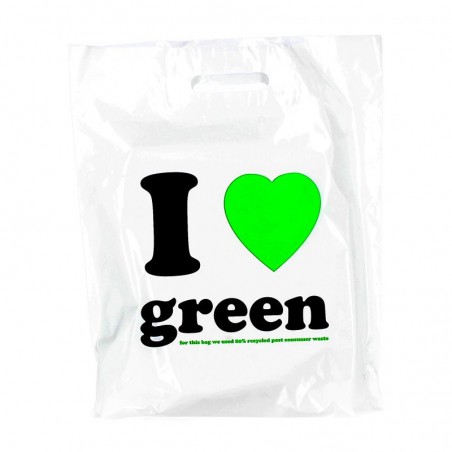 Plastic draagtassen - I LOVE GREEN - Wit