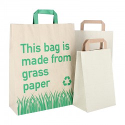 Gras papieren draagtassen - Bruin Kraft - Platte handgreep - Gerecycled graspapier - Print - Toepassingsfoto